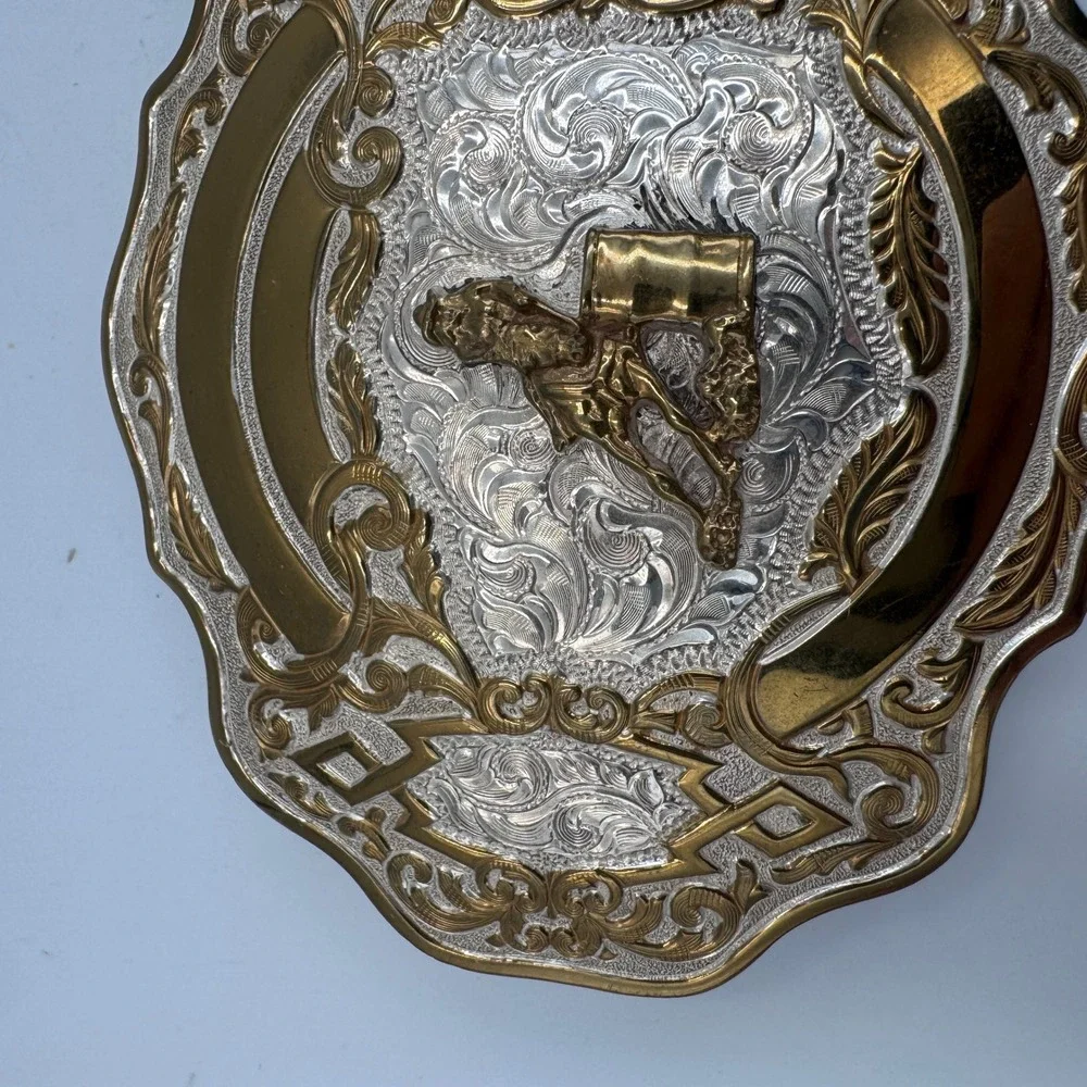 Crumrine Western Barrel Racer Belt Buckle Set Silver Gold Plate‎ Filigree USA